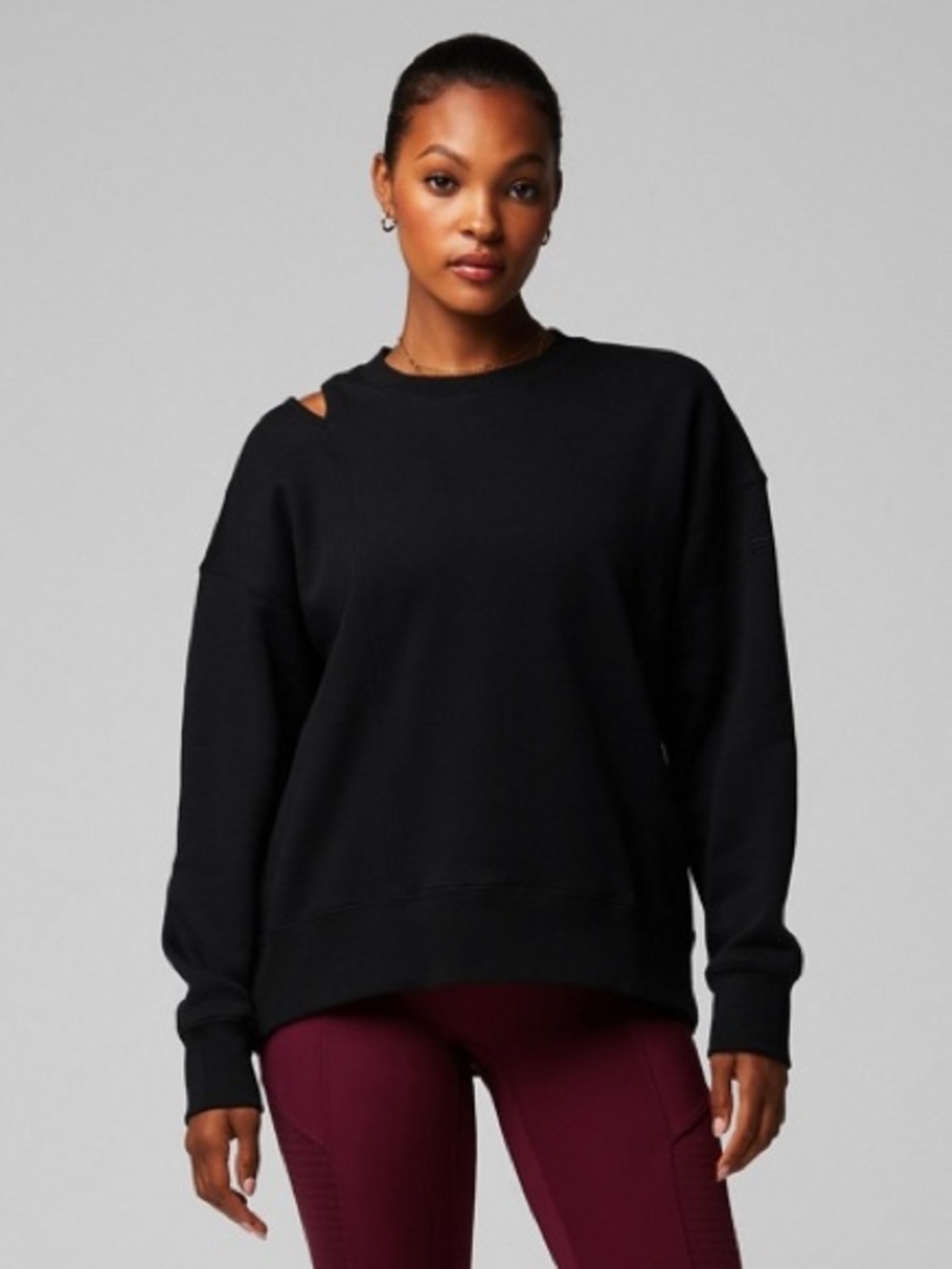 Fabletics Black Cutout-Shoulder Crewneck Sweater Fleece Lining XL